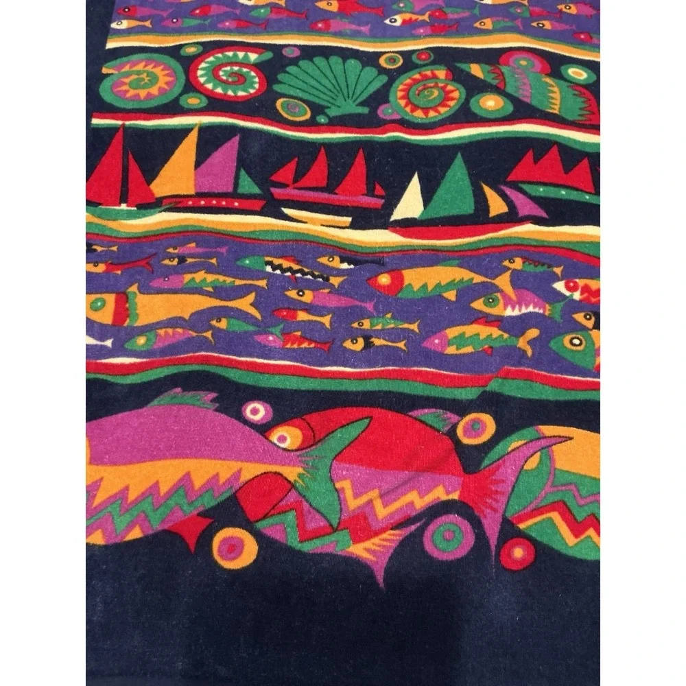 Vintage Beach Towel Featuring A Colorful Tropical Fish and Sailboat Design